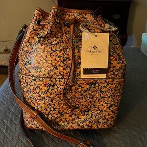 Patricia Nash Tan Mini Bloom Leather Draw String Bucket Bag With Dust Cover